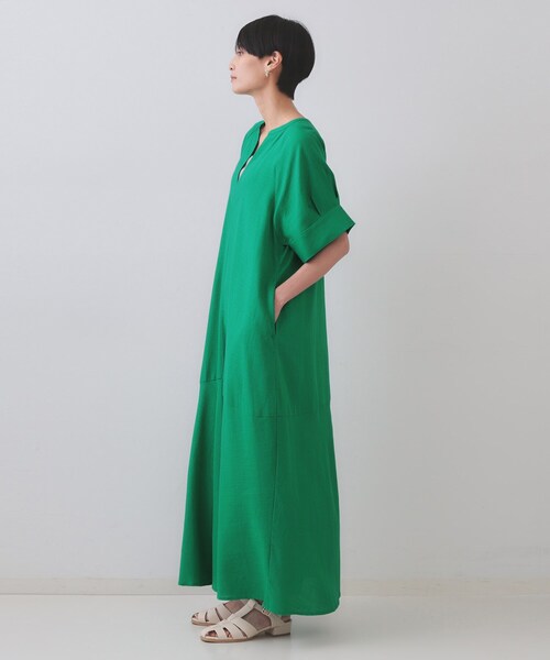 美品 ハウスオブロータス 洗える キーネック ロングワンピース グリーン M OPAQUE.CLIP（オペークドットクリップ） ワンピース レーヨン麻