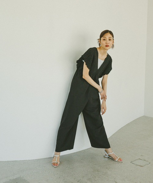 GLOBAL WORK　シャーリング　オールインワン　　　ブラック　★Lサイズ★ GLOBAL WORK シャーリング オールインワン ブラック ☆Lサイズ