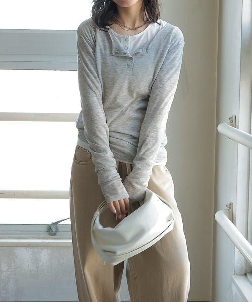 トップス iasof cotton henry neck en CAnAF tシャツ シアー リブ ヘンリーネック トップス レディース