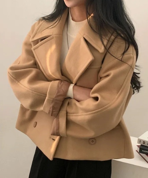 FAVORITO ピーコート pコート 襟付きダブルブレストショートメルトン