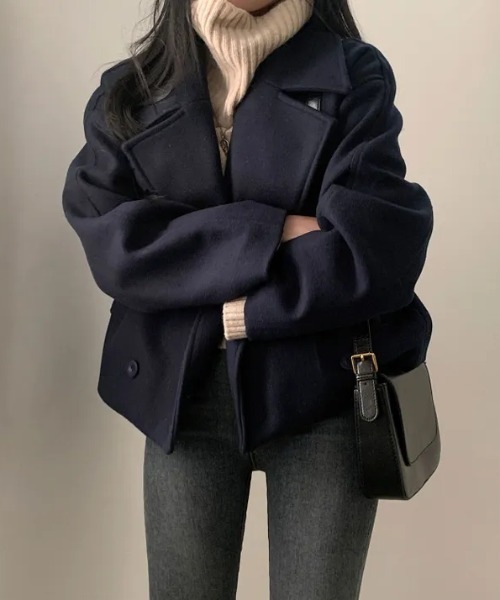 FAVORITO ピーコート pコート 襟付きダブルブレストショートメルトン