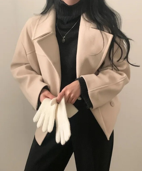 FAVORITO ピーコート pコート 襟付きダブルブレストショートメルトン