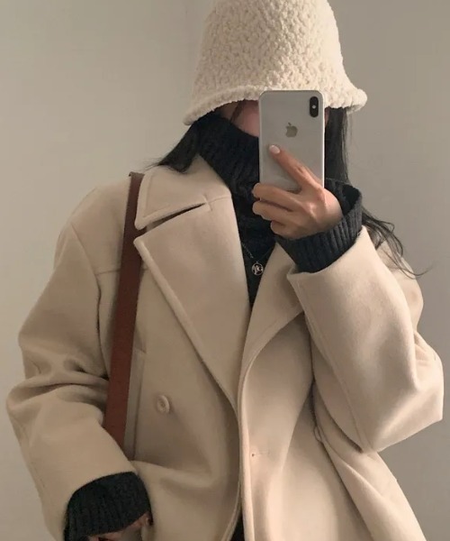 FAVORITO ピーコート pコート 襟付きダブルブレストショートメルトン