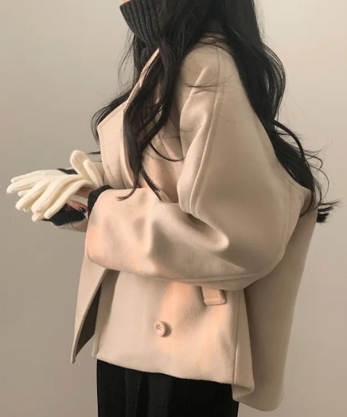 FAVORITO ピーコート pコート 襟付きダブルブレストショートメルトン