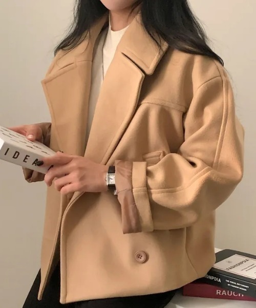 ウール ダブルブレスト ピーコート ベージュ FAVORITO ピーコート pコート 襟付きダブルブレストショートメルトン