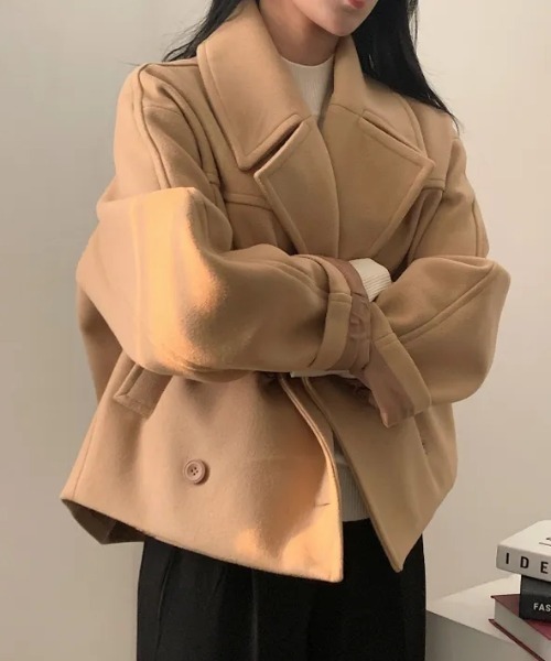 FAVORITO ピーコート pコート 襟付きダブルブレストショートメルトン