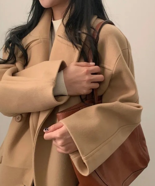 FAVORITO ピーコート pコート 襟付きダブルブレストショートメルトン