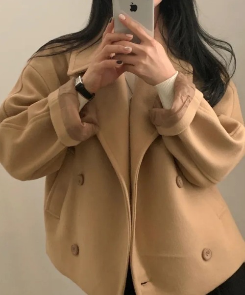 FAVORITO ピーコート pコート 襟付きダブルブレストショートメルトン