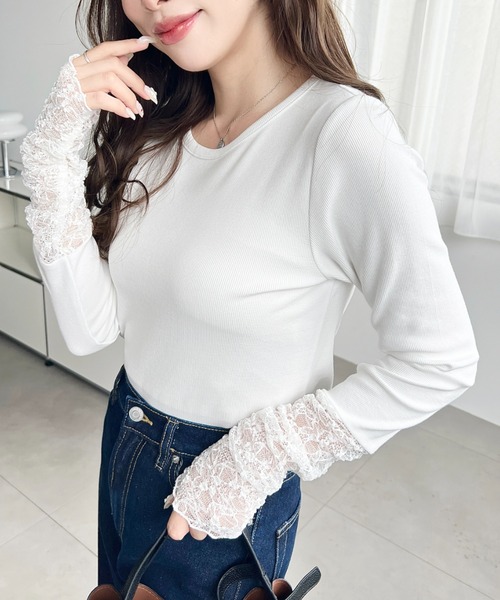moment+ tシャツ 袖くしゅくしゅレースドッキングリブカットソープル