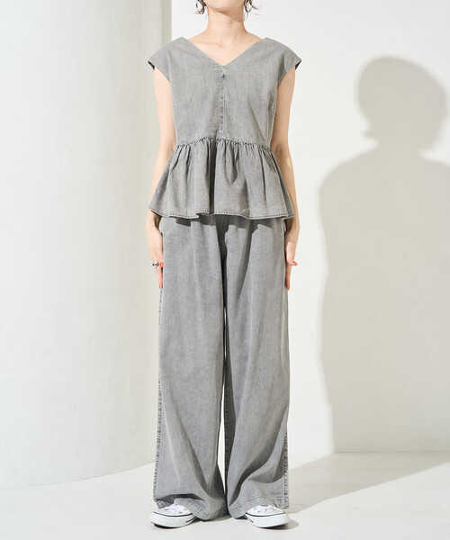 ワイドパンツ ジーンズ デニム デニムパンツ 限定展開　レーヨンデニム ノースリーブ セットアップ レディースの画像