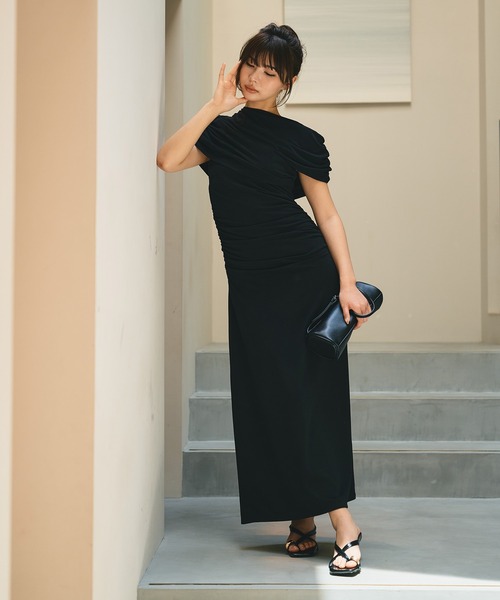 ✨美品✨ケイミー 黒 ドレープワンピース 7 カシュクール 上品シルエット KINO THE KEI ワンピース ドレープ ケープセット ベア ワンピース