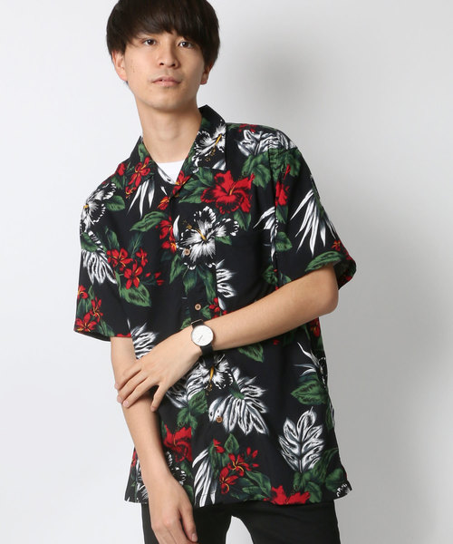 ブラックウィドー　総柄レーヨンシャツ　パジャマシャツ　Lサイズ　着用感XL相当 オーバーサイズ】総柄 開襟 アロハ シャツ ＃オーバーサイズ