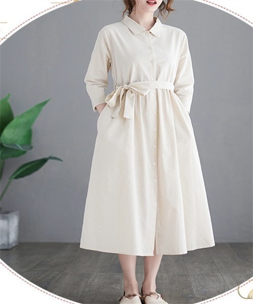 i228◯ 45R コットンワンピース シャツワンピース Dream garden（ドリームガーデン） シャツワンピース 綿麻100