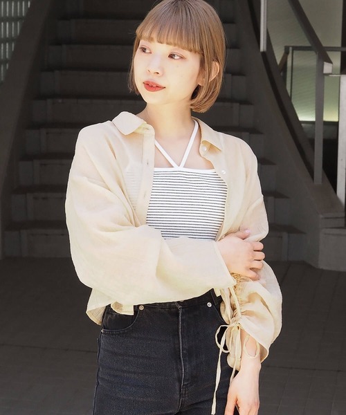 tiptop ブラウス シャツ シアー袖ドロストショート丈シャツ