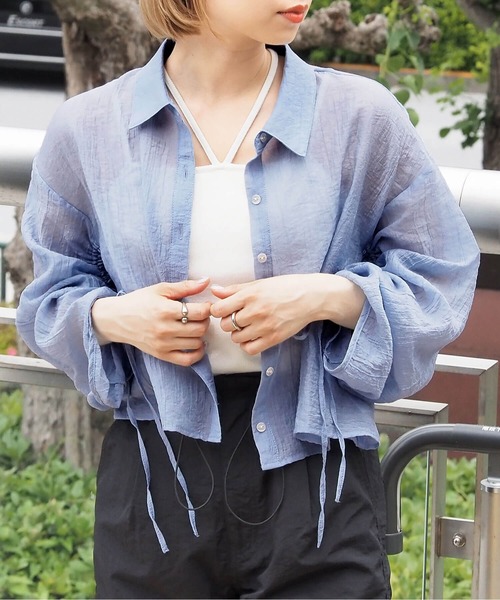 tiptop ブラウス シャツ シアー袖ドロストショート丈シャツ