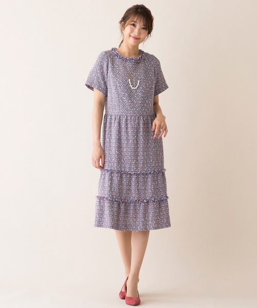 ローズティアラツイードスーツ ピンク ネイビー 半袖ワンピース