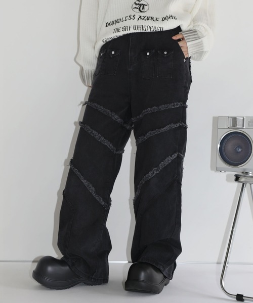 ジーンズ ヴィンテージ加工フリンジ切替ワイドストレートバギーデニム