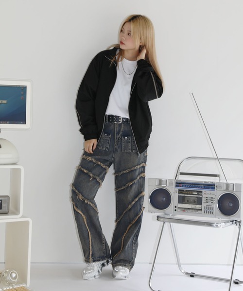 ジーンズ ヴィンテージ加工フリンジ切替ワイドストレートバギーデニム