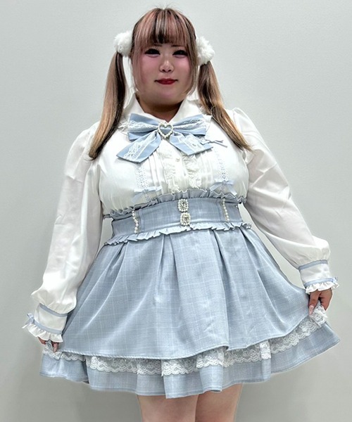 axes femme kawaii 水色はしごリボン ハートレース襟 ブラウス