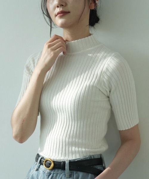 tシャツ 半袖 「9色展開」華奢見えリブは大人のためのトップス