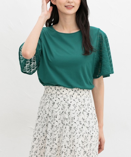 トップス  無地 ストレッチ綿 フレアトップス おしゃれ レディース 春 夏 Honeys ハニーズ Ｔシャツ 21sf05054 トップス シアーシャツ シャツ[品番：HNSW0010643]｜Honeys