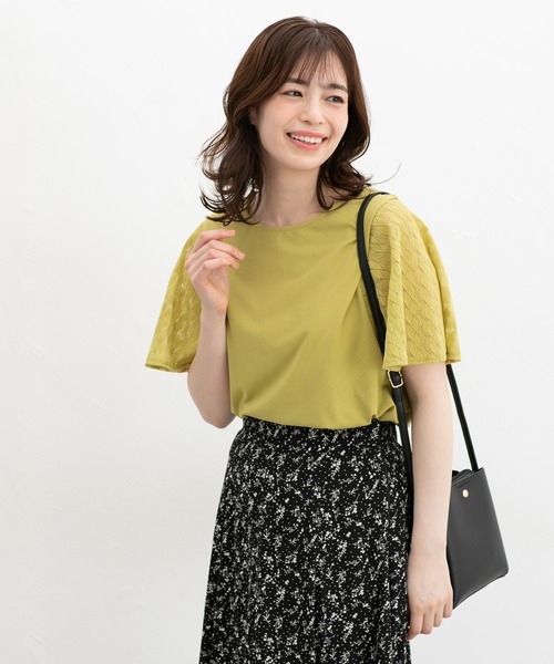 LANEUS 売れ筋商品|||ラネウス Tシャツ トップス レディース Tops Yellow Honeys tシャツ 「ハニさら・接触冷感・UVカット」袖レース