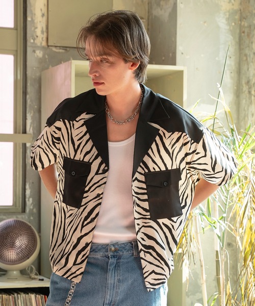 Forte シャツ 半袖 Animal Design Open Collar Shirt/デザインオープン 