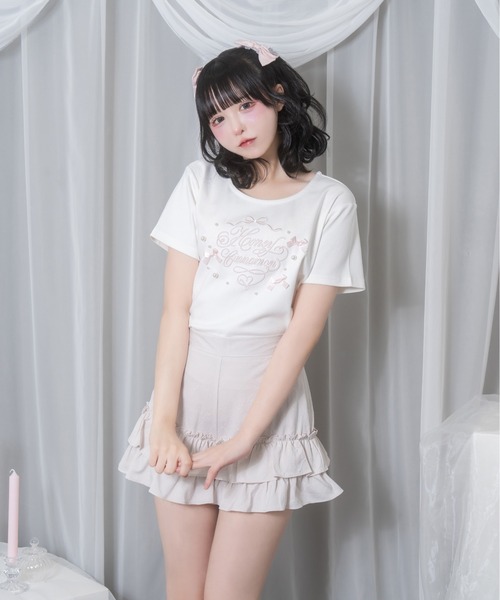 tシャツ ロゴ刺繍リボンパールTシャツ レディース