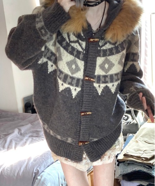 ノルディック柄フード付きダッフルコート　ニット カーディガン 肉厚 ナチュラル gossip!ロサンゼルス ニット セーター Y2K ノルディック柄 ダッフル