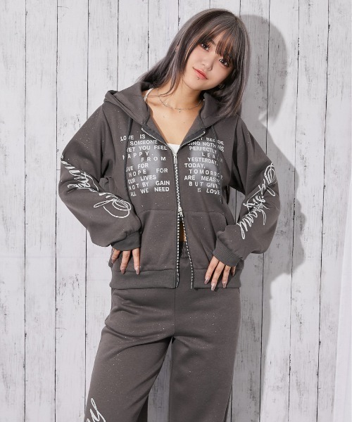 パーカー 「英字ロゴ×裏起毛」セットアップ対応ジップパーカー