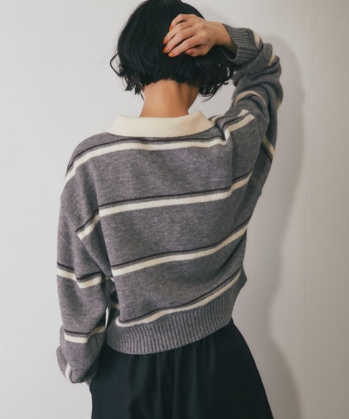 ニット セーター 配色ストライプポロニット レディース : ZOZOTOWN