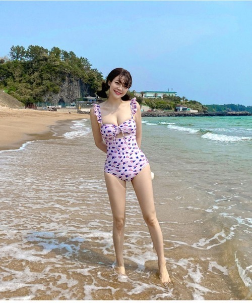 水着 花柄フリルシャーリングビキニワンピース水着 レディース