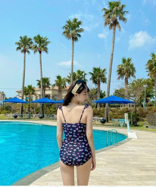 水着 花柄フリルシャーリングビキニワンピース水着 レディース