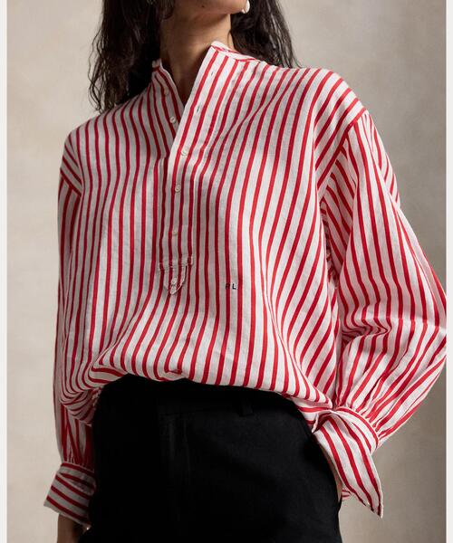 【ほぼ未使用】ポロラルフローレン リネンシャツ オーバーサイズ 赤ストライプ POLO RALPH LAUREN（ポロ・ラルフローレン） ブラウス シャツ