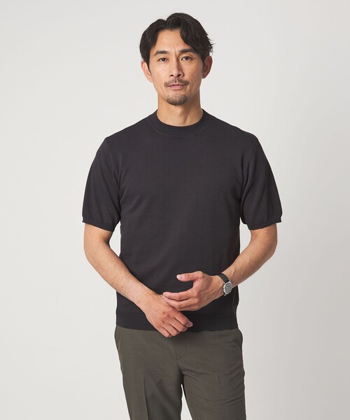 ダークブラウンストライプ　モックネックニット 半袖 green label relaxing（グリーンレーベルリラクシング