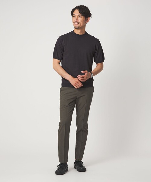 ダークブラウンストライプ　モックネックニット 半袖 green label relaxing（グリーンレーベルリラクシング