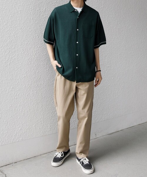 極美品 近年 モックネック サマーニットシャツ ストレッチ カーキ LL O SHIPS any シャツ 半袖 any:「手洗い可能」TEXBRID(R) ドライタッチ