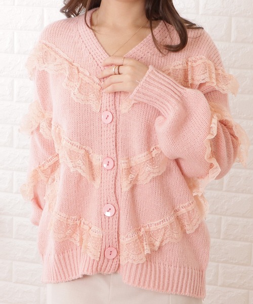 極美品✨OHGA オーガ　FRILL KNIT　フリルニットカーディガン　ピンク Lace Ladies（レースレディース） ニット セーター V字レースフリル