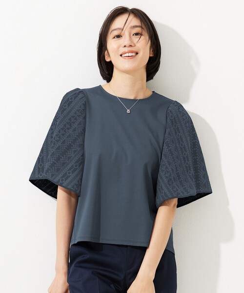 tシャツ エンブロイダリージャージカットソー レディース 自由区 tシャツ エンブロイダリーコンビジャージ カットソー