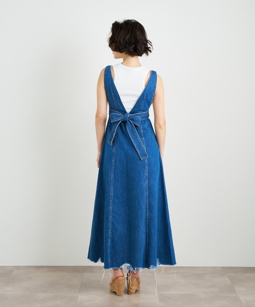 ワンピース リボンベルトフロントZIPダメージデニムロングドレス
