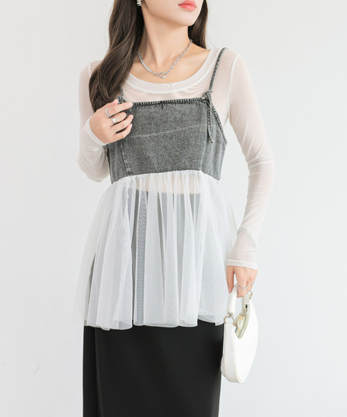 キャミソール ボリュームヘムキャミソール / Volume Hem Camisole リボン デニムキャミソール ウォッシュ加工 ペプラム スタイル