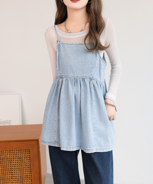 キャミソール ボリュームヘムキャミソール / Volume Hem Camisole リボン デニムキャミソール ウォッシュ加工 ペプラム スタイル