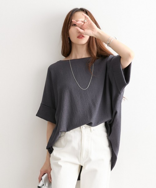 ニッセン tシャツ 楊柳カットソージャガードゆるシルエット5分袖