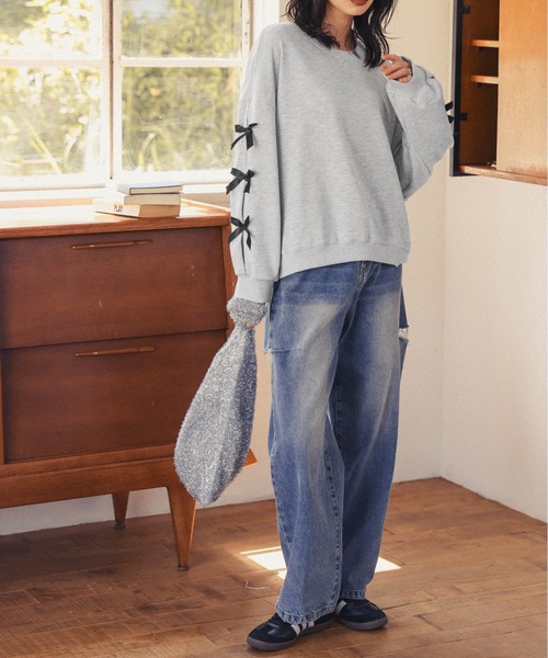 トレーナー スウェット デコレーションスリーブスウェット レディース FREAK'S STORE トレーナー スウェット メタリック ミニハート