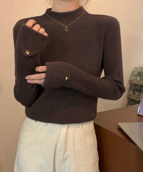 プチハイネックニットトップス 袖口ボタン【ゆうパケット】 miniministore プチハイネックニットトップス 袖口ボタン【ゆう