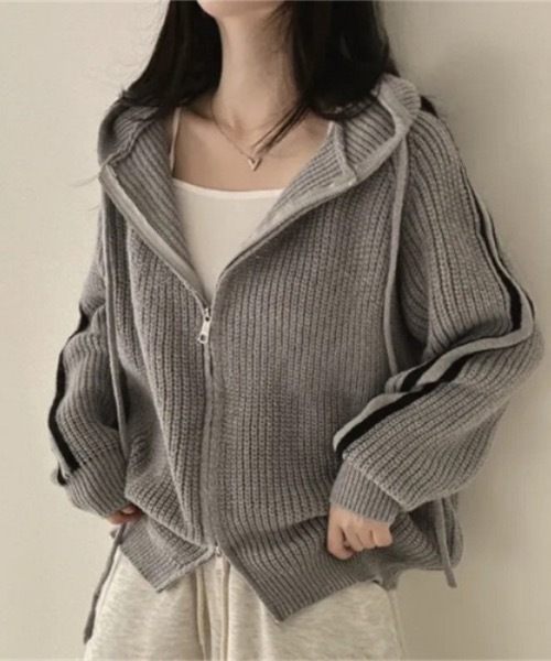 lilful ニット セーター 袖サイドライン トラック フード ジップ