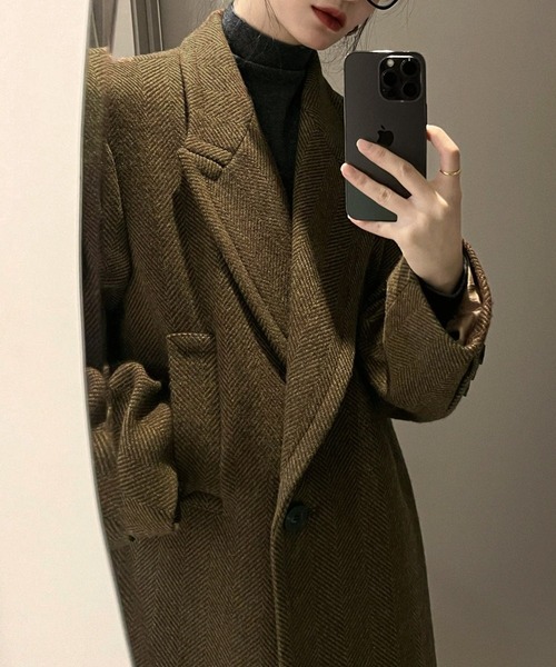 CHIME×Harris Tweed チェスターコート レディース ロング　M コート チェスターコート ロングチェスターコート レディース