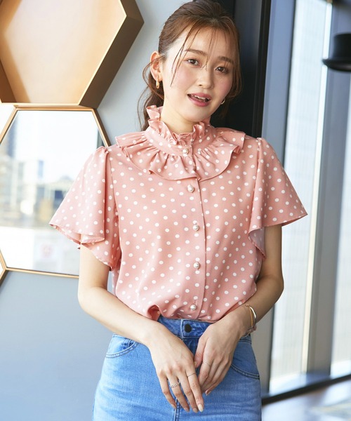 ルイルエブティック RUIRUE BOUTIQUE 【洗える】選べる素材（シアー無地/ドット）フリルスタンドカラーブラウス（ブラック） RUIRUE BOUTIQUE ブラウス シャツ 洗える ｜ 選べる素材