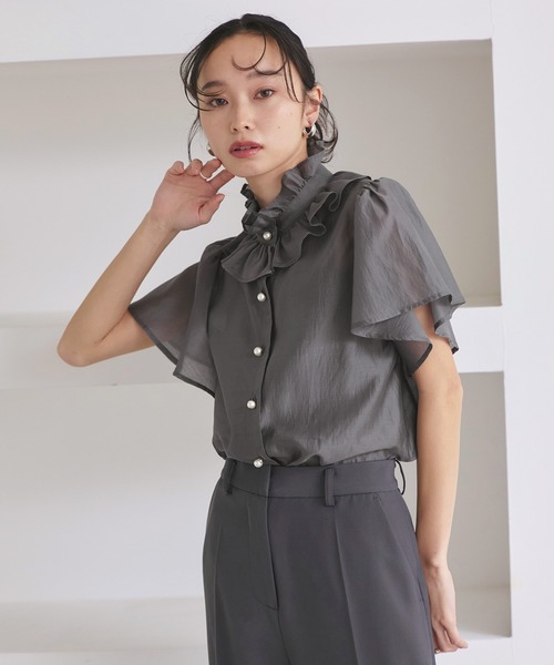ルイルエブティック RUIRUE BOUTIQUE ラッフルフリルカラーブラウス （ブラック） 洗える ｜ ラッフルフリルカラーブラウス ｜ レディース 体型