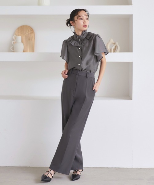 ルイルエブティック RUIRUE BOUTIQUE 【洗える】選べる素材（シアー無地/ドット）フリルスタンドカラーブラウス（ブラック） RUIRUE BOUTIQUE ブラウス シャツ 洗える ｜ 選べる素材